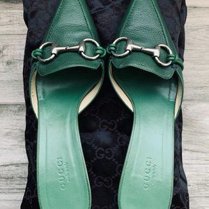 Gucci Green Leather Horsebit Pointed-Toe Mules